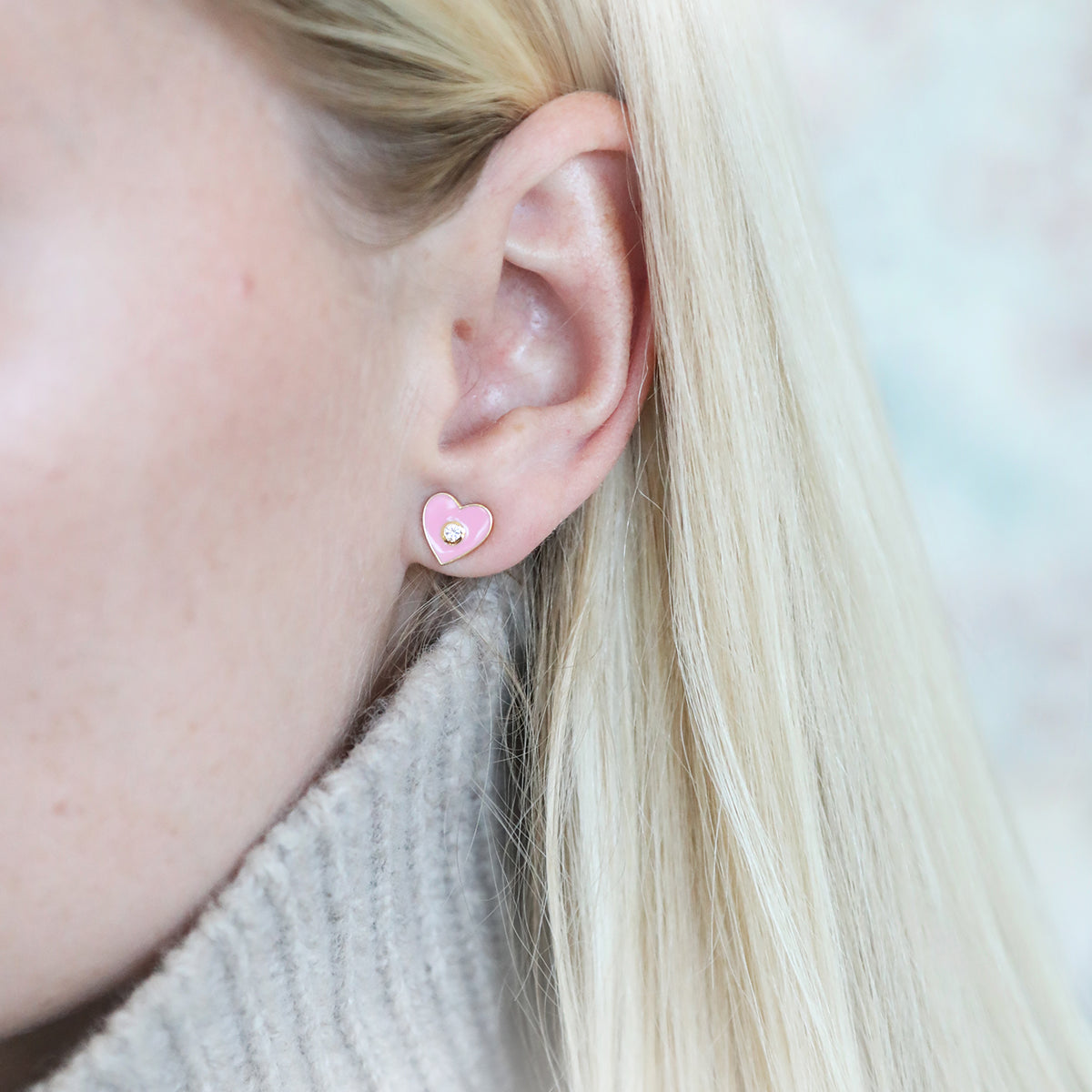 9ct Gold Pink Enamel Heart Drop Huggie Earrings | Angus & Coote